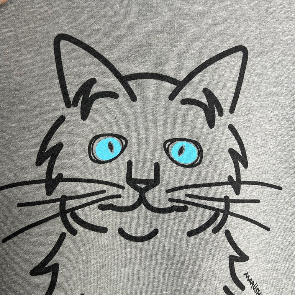 Marushka Blue Eyed Cat Whimsical Wearable Art gray pullover hoodie size Medium - Picture 6 of 15
